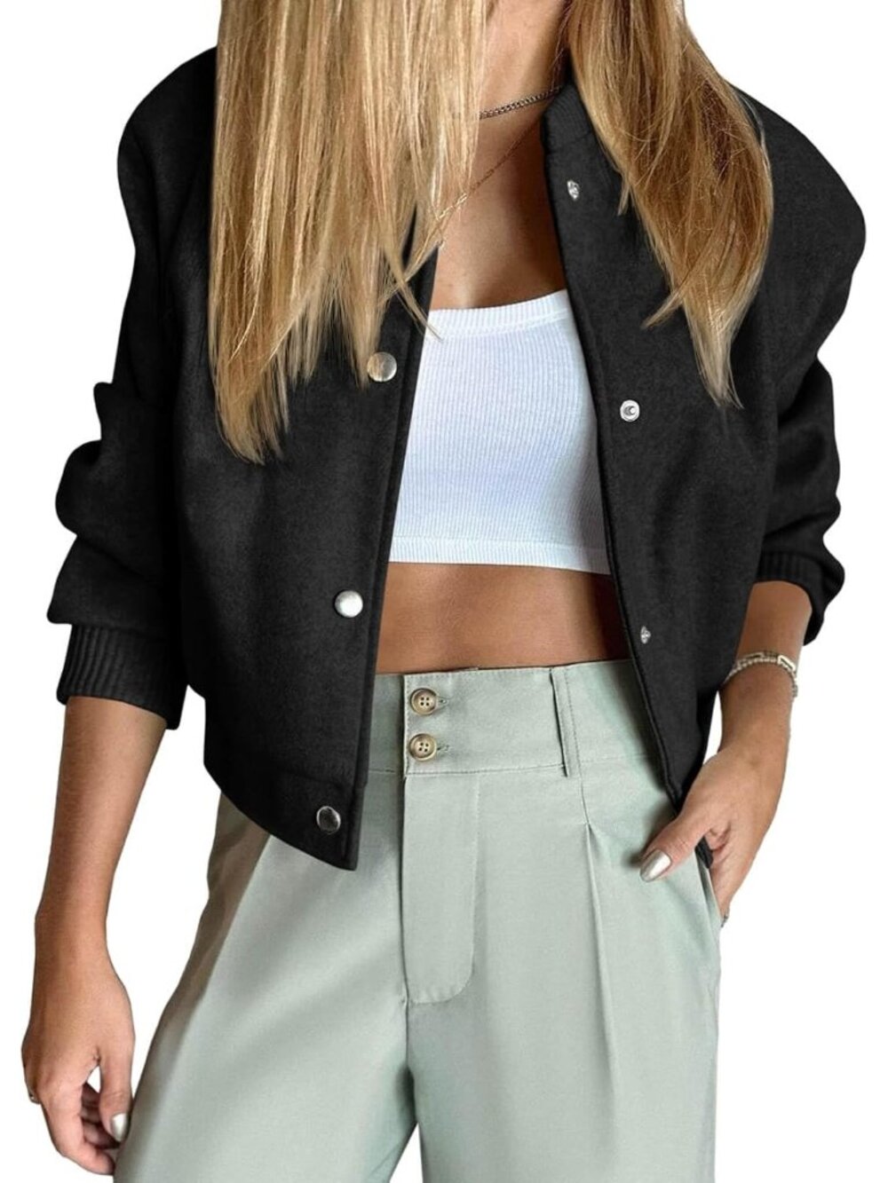 Women's Black Wool Blend Cropped Varsity Short Button Down Pea Bomber Jacket